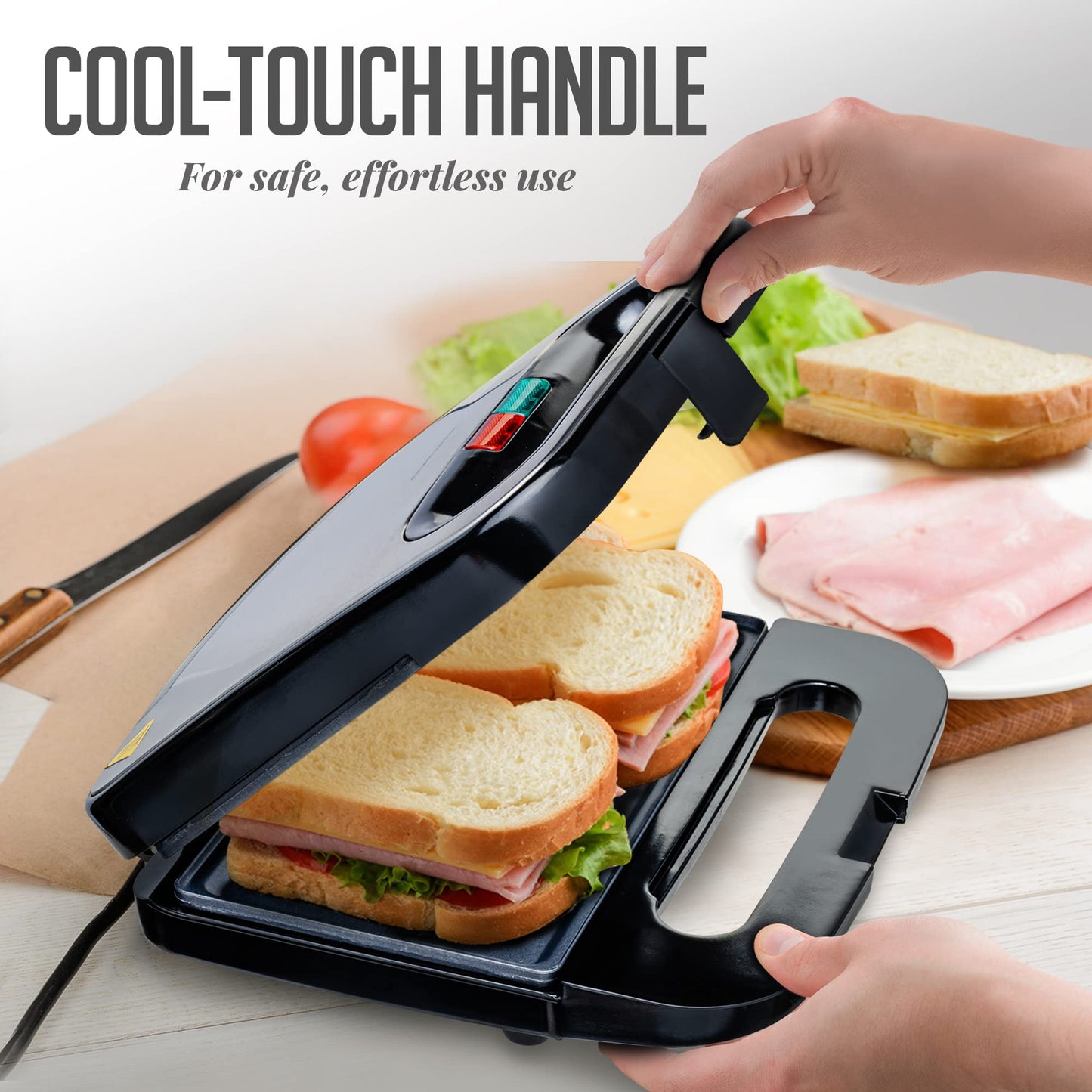 OVENTE Electric Sandwich Maker with Non-Stick Plates, Indicator Lights, Cool Touch Handle, Easy to Clean and Store, Perfect for Cooking Breakfast, Grilled Cheese, Tuna Melts and Snacks, Black GPS401B