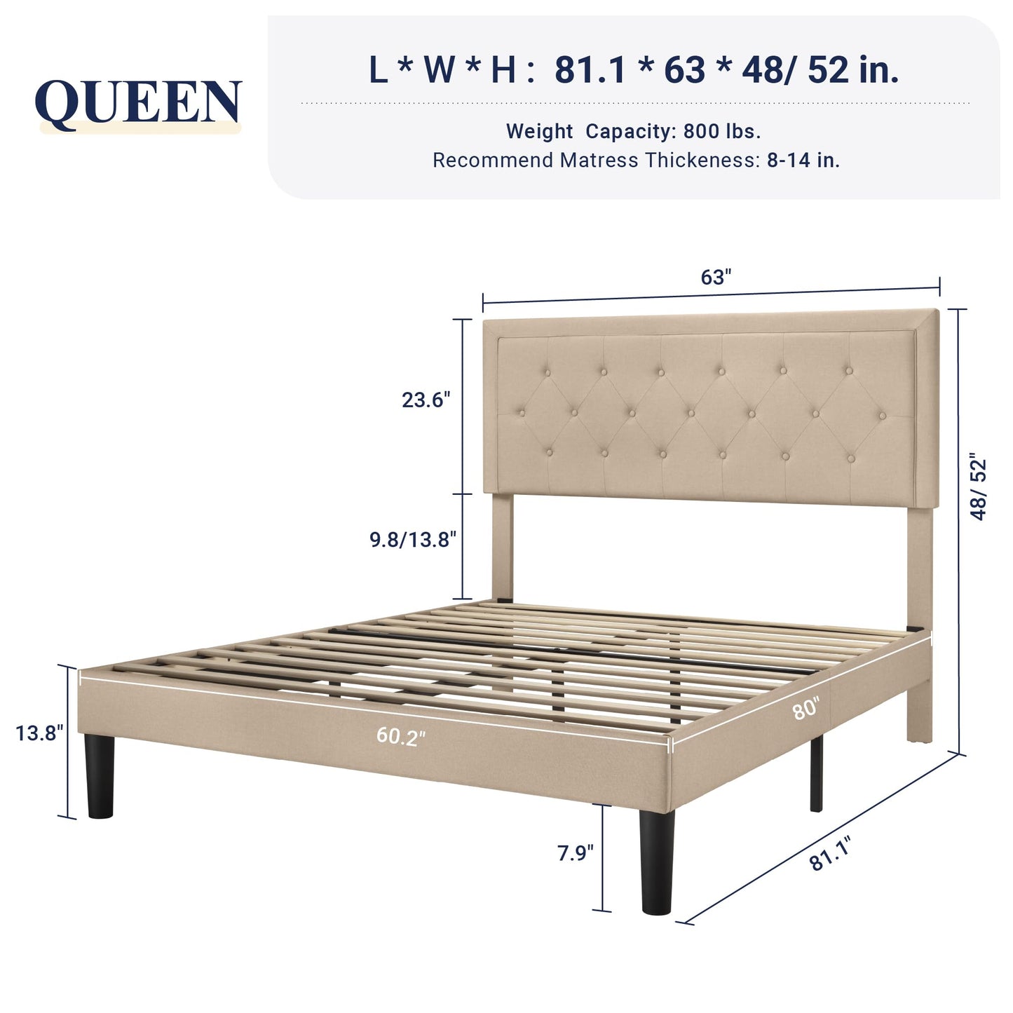 Allewie Queen Size Button Tufted Platform Bed Frame/Fabric Upholstered Bed Frame with Adjustable Headboard/Wood Slat Support/Mattress Foundation/Dark Grey (Queen)