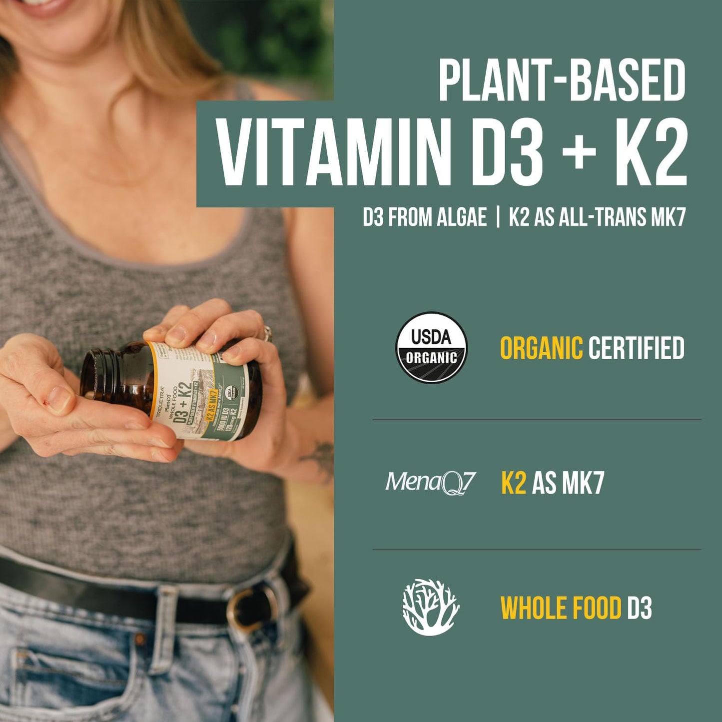 Organic Plant D3 + K2 (5000 iu D3) - All-Trans MK7 from MenaQ7 (120 mcg K2) - 100% Organic & Plant-Based Sublingual D3 Drops (Cholecalciferol), 100% Vegan - Supports Immunity, Bone(1oz)