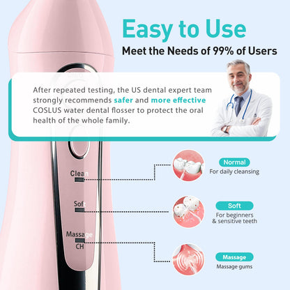 COSLUS Water Dental Flosser Teeth Pick: Portable Cordless Oral Irrigator 300ML Rechargeable Travel Irrigation Cleaner IPX7 Waterproof Electric Waterflosser Flossing Machine for Teeth Cleaning F5020E