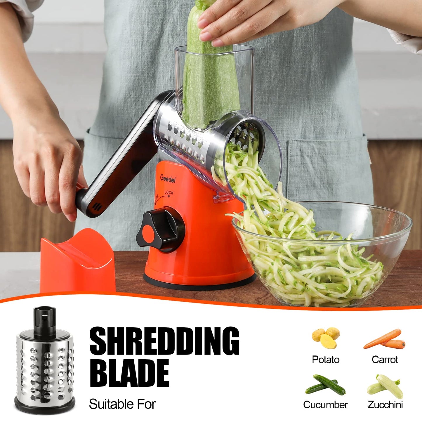 Geedel Rotary Cheese Grater, Kitchen Mandoline Vegetable Slicer with 3 Interchangeable Blades, Easy to Clean Grater for Fruit, Vegetables, Nuts