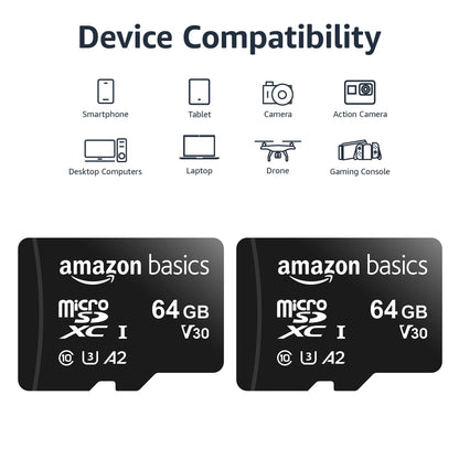 Amazon Basics Micro SDXC Memory Card with Full Size Adapter, A2, U3, Read Speed up to 100 MB/s, 128 GB, Black