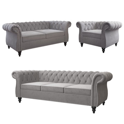 3 Piece Living Room Set, Chesterfield Velvet Sofa Loveseat Couch Chair with Scroll Arms and Nailhead for Living Room, Office (Grey, 1-2-3)