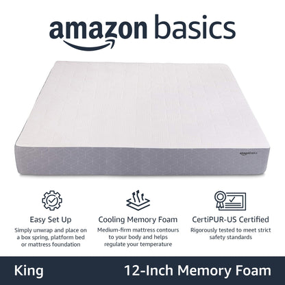 Amazon Basics Cooling Gel-Infused, Medium-Firm Memory Foam Mattress, CertiPUR-US Certified - Queen Size, 80 x 60 x 12 inches, White/Gray