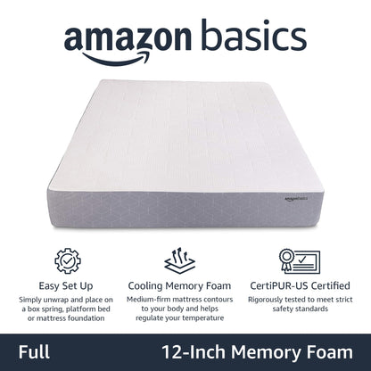 Amazon Basics Cooling Gel-Infused, Medium-Firm Memory Foam Mattress, CertiPUR-US Certified - Queen Size, 80 x 60 x 12 inches, White/Gray