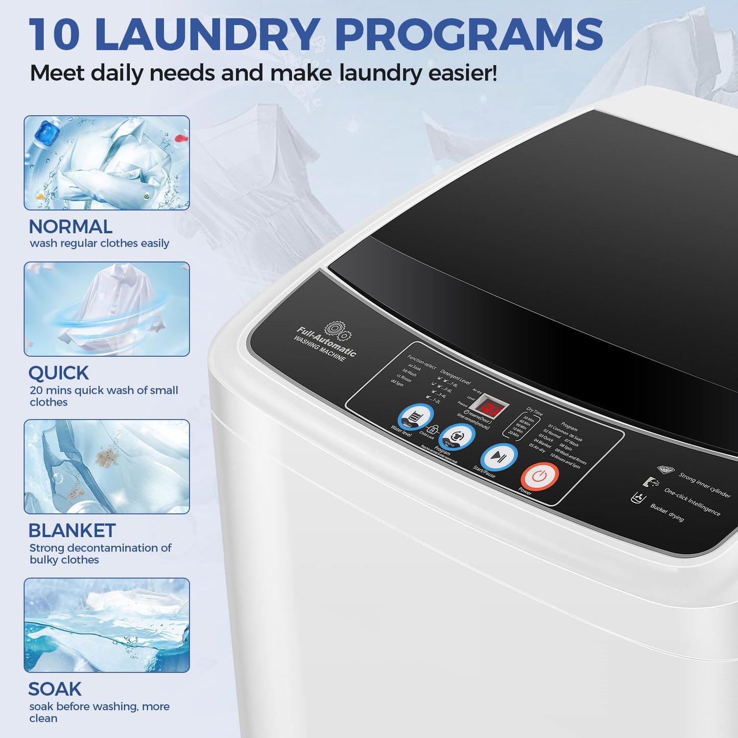 Nictemaw Portable Washing Machine 20Lbs Large Capacity 2.8 Cu.ft Laundry Machine with 10 Programs and 8 Water Levels Selections Compact Washer Machine for Apartment, Home, Dorms, Rv