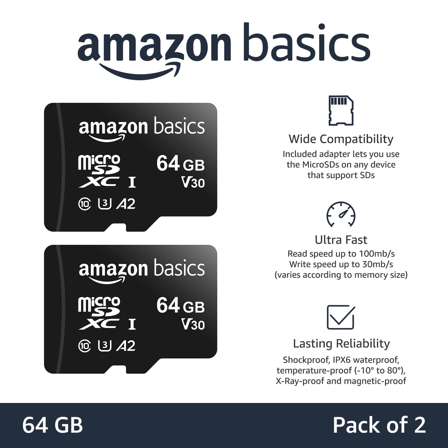 Amazon Basics Micro SDXC Memory Card with Full Size Adapter, A2, U3, Read Speed up to 100 MB/s, 128 GB, Black