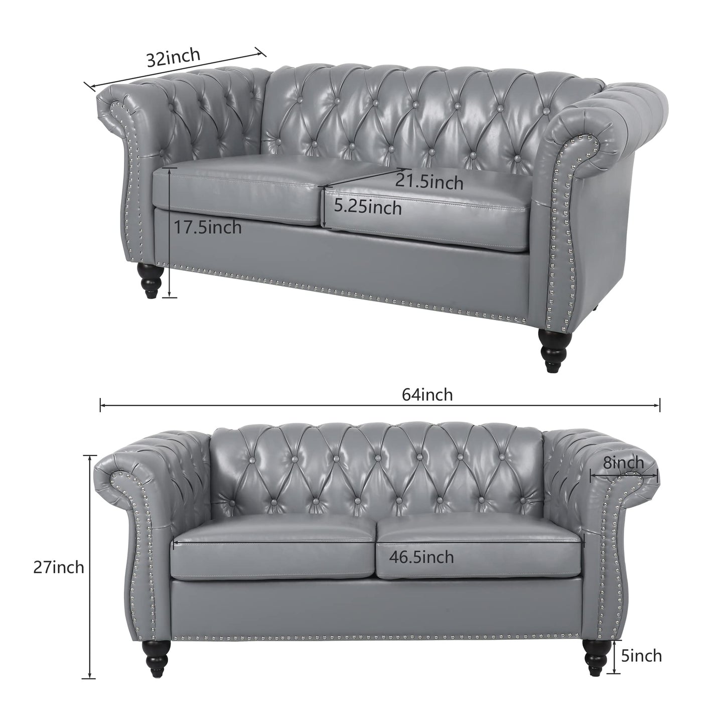 3 Piece Living Room Set, Chesterfield Velvet Sofa Loveseat Couch Chair with Scroll Arms and Nailhead for Living Room, Office (Grey, 1-2-3)