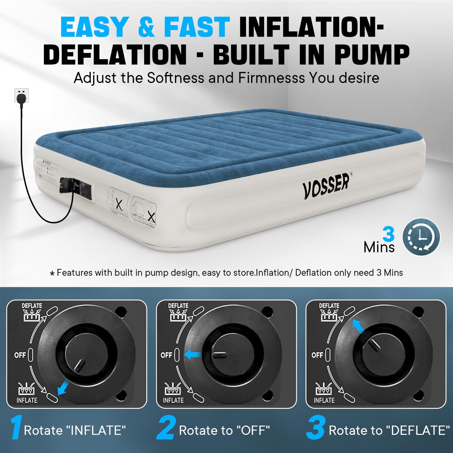 Twin Air Mattress with Built-in Pump,Fast & Easy Inflation/Deflation Inflatable Mattress, Foldable Blow Up Mattress with Storage Bag, Inflatable Bed for Home, Camping & Guests