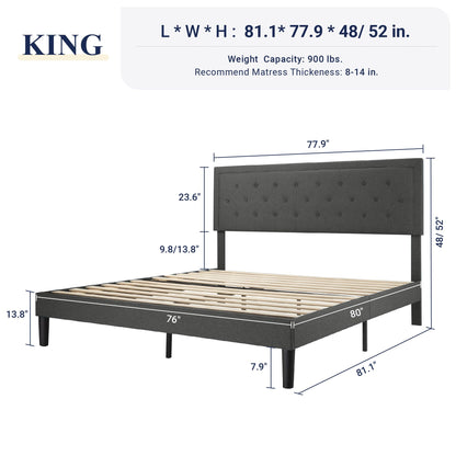 Allewie Queen Size Button Tufted Platform Bed Frame/Fabric Upholstered Bed Frame with Adjustable Headboard/Wood Slat Support/Mattress Foundation/Dark Grey (Queen)