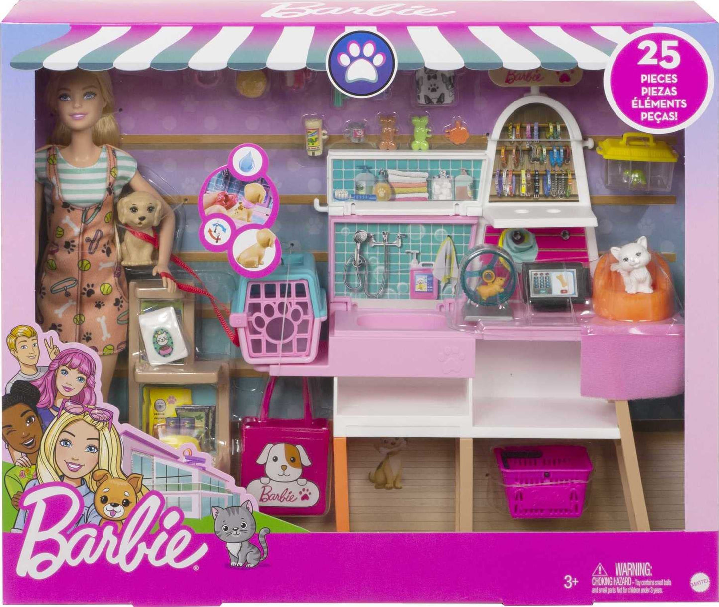 Barbie Doll & Playset, Pet Boutique with 4 Pets, Color-Change Grooming Feature & 20+ Themed Accessories