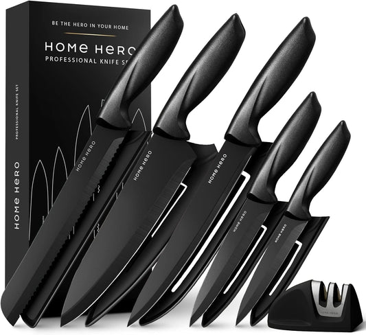 Home Hero 11 Pcs Kitchen Knife Set with Sharpener - High Carbon Stainless Steel Knife Block Set with Ergonomic Handles (Black)