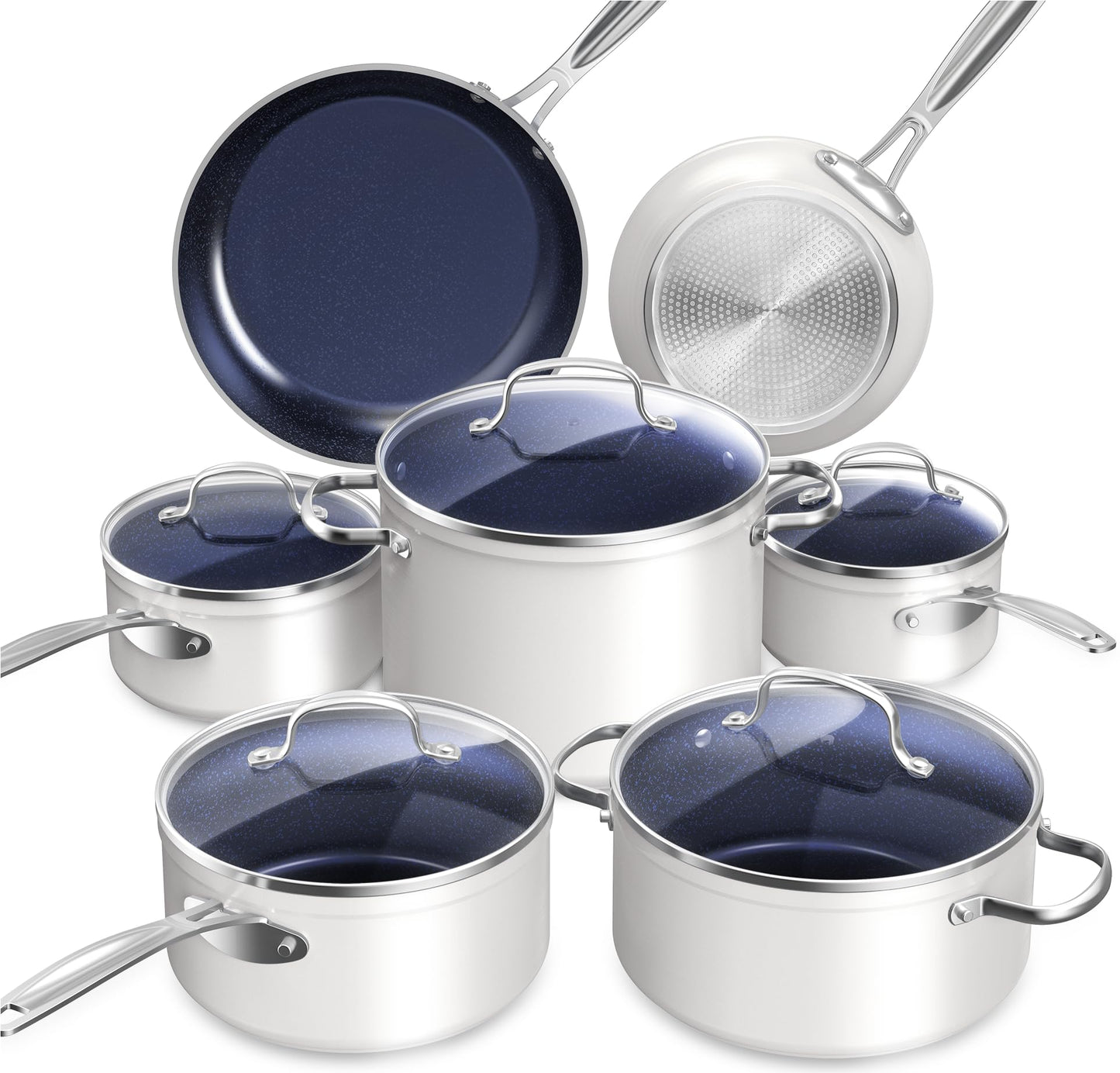 Nuwave Healthy Duralon Blue Ceramic Nonstick Cookware Set, Diamond Infused Scratch-Resistant, PFAS Free, Dishwasher & Oven Safe, Induction Ready & Evenly Heats,Tempered Glass Lids & Stay-Cool Handles