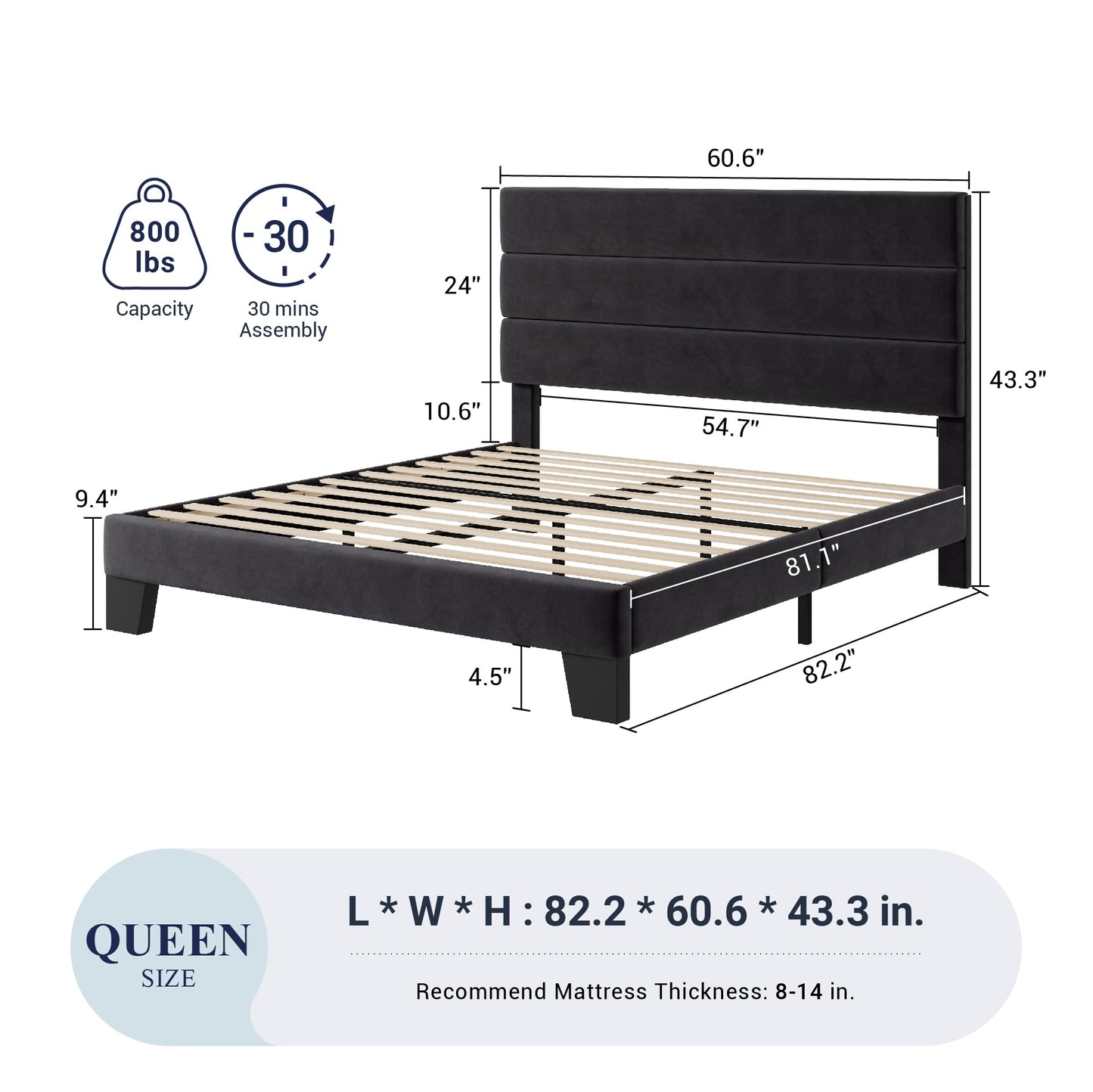 Allewie Queen Size Platform Bed Frame with Velvet Upholstered Headboard and Wooden Slats Support, Fully Upholstered Mattress Foundation/No Box Spring Needed/Easy Assembly, Black