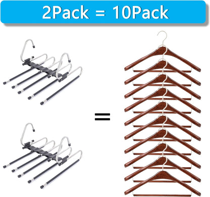 Magic Pants Hangers Space Saving - 2 Pack for Closet Multiple Layers Multifunctional Uses Rack Organizer for Trousers Scarves Slack (2 Pack with 10 Metal Clips)