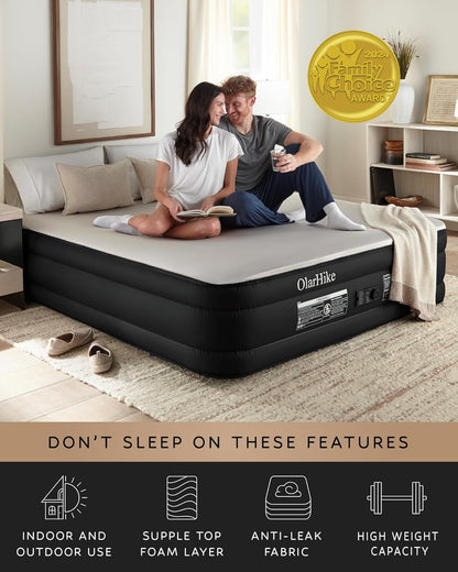 OlarHike Signature Collection Twin Air Mattress with Built in Pump,18” Luxury Air Mattress with Silk Foam Topper for Camping, Home & Guests, Fast & Easy Inflation/Deflation Airbed Black