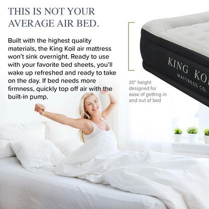 King Koil Plush Pillow Top King Air Mattress with Built-in High-Speed Pump Best for Home, Camping, Guests, 20" King Size Luxury Double Airbed Adjustable Blow Up Mattress, Waterproof, 1-Year Warranty.