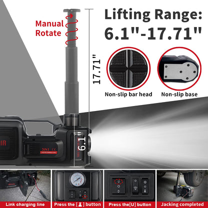 E-HEELP Electric Car Jack Kit 5Ton 12V Hydraulic Car Jack Lift (Lifting Range: 6.1~17.7 inch) with Electric Impact Wrench for SUV MPV Sedan Truck Change Tires Garage Repair