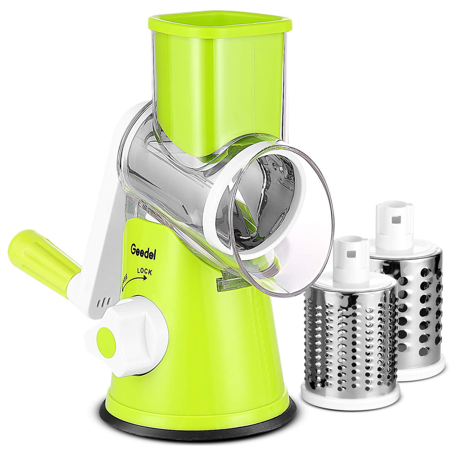 Geedel Rotary Cheese Grater, Kitchen Mandoline Vegetable Slicer with 3 Interchangeable Blades, Easy to Clean Grater for Fruit, Vegetables, Nuts