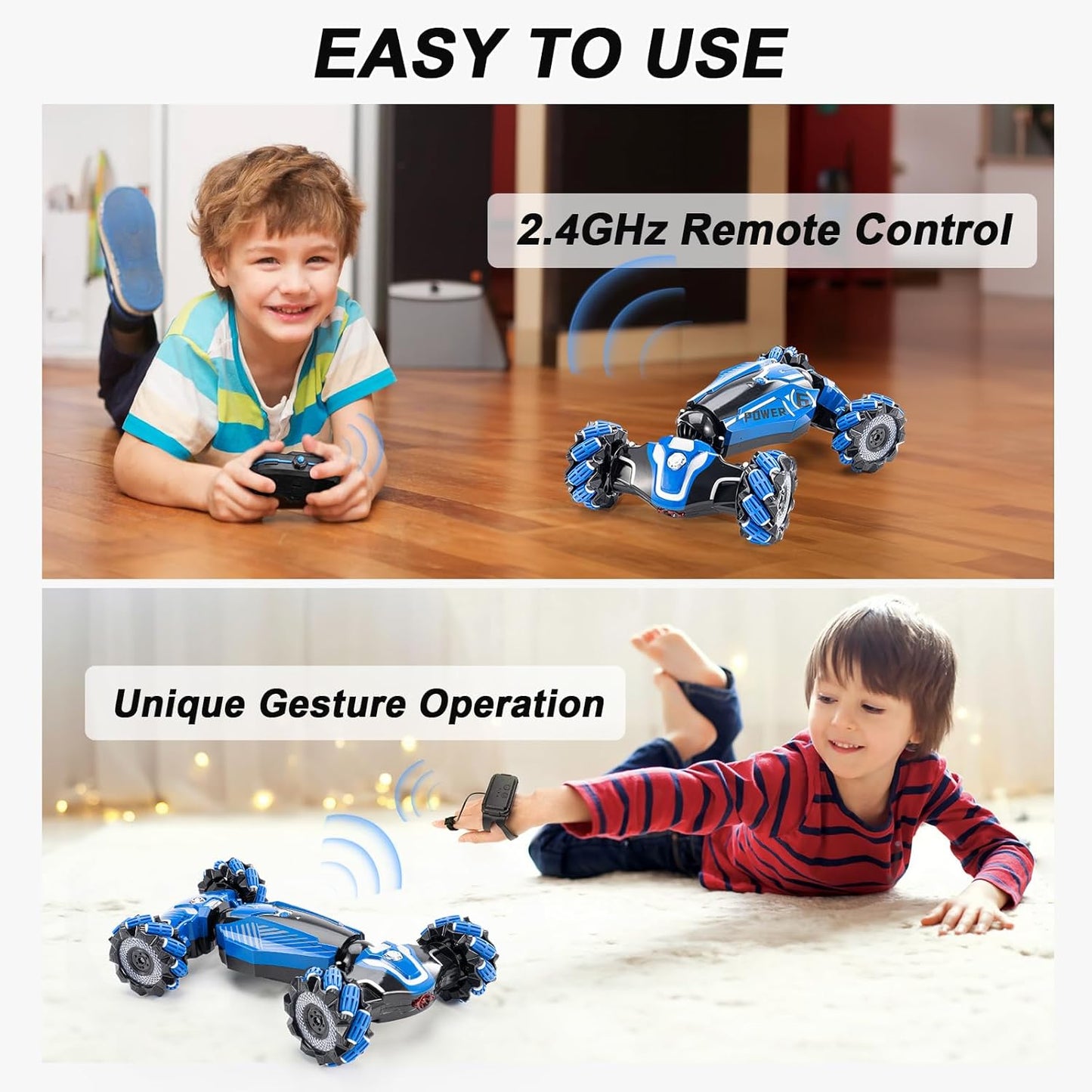 Remote Control Stunt Car, Gesture Sensing RC Cars, 2.4 Ghz Drift Hand Controlled RC Twist Cars Offroad 360° Rotation with Lights and Music, RC drift cars toy birthday gift for childs 6-12(blue)