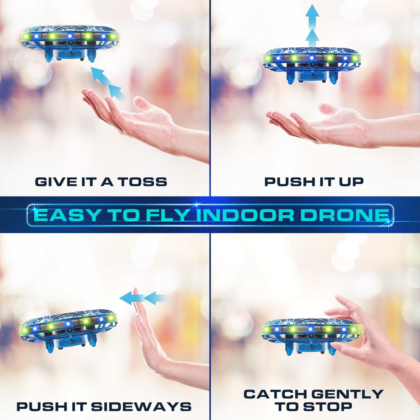 Force1 Scoot LED Hand Operated Drone for Kids or Adults - Hands Free Motion Sensor Mini Drone, Easy Indoor Small UFO Toy Flying Ball Drone Toy for Boys and Girls (Green/Blue)