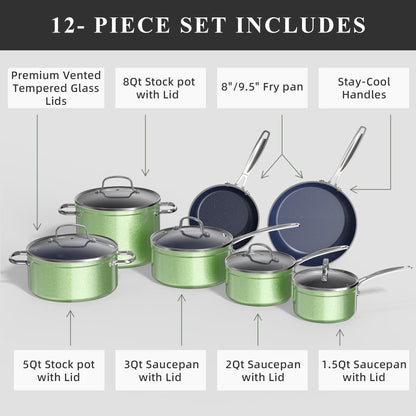 Nuwave Healthy Duralon Blue Ceramic Nonstick Cookware Set, Diamond Infused Scratch-Resistant, PFAS Free, Dishwasher & Oven Safe, Induction Ready & Evenly Heats,Tempered Glass Lids & Stay-Cool Handles