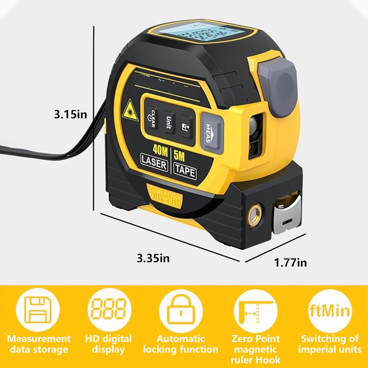 3-in-1 Digital Laser Tape Measure: 131Ft/40m Infrared Laser Measuring Tape with Digital Display, 16ft/5m Electronic Tape Measure Laser, Pythagorean, Area, Volume, Ft/Ft+in/in/M Unit (Yellow)