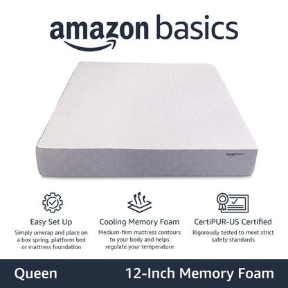 Amazon Basics Cooling Gel-Infused, Medium-Firm Memory Foam Mattress, CertiPUR-US Certified - Queen Size, 80 x 60 x 12 inches, White/Gray