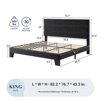 Allewie Queen Size Platform Bed Frame with Velvet Upholstered Headboard and Wooden Slats Support, Fully Upholstered Mattress Foundation/No Box Spring Needed/Easy Assembly, Black