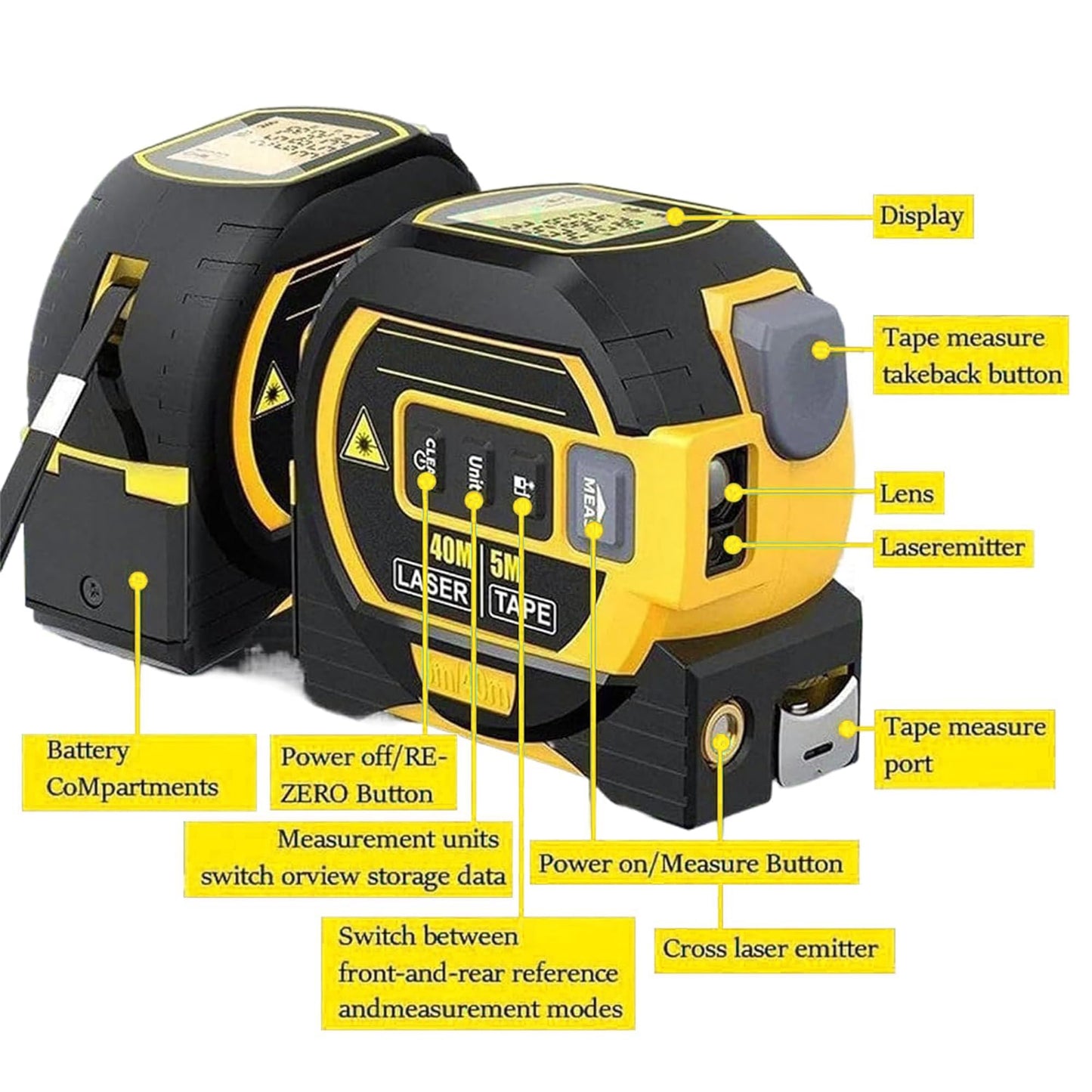 3-in-1 Digital Laser Tape Measure: 131Ft/40m Infrared Laser Measuring Tape with Digital Display, 16ft/5m Electronic Tape Measure Laser, Pythagorean, Area, Volume, Ft/Ft+in/in/M Unit (Yellow)