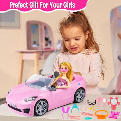 76 Pcs 11.5 Inch Doll and Convertible Car Playset,Included Princess Dresses,Fashion Dresses,Casual Clothing,Swimsuits,Bags,Shoes ,Doll Playset,Doll Dress up Toys for Girls Kids Toddlers Gifts