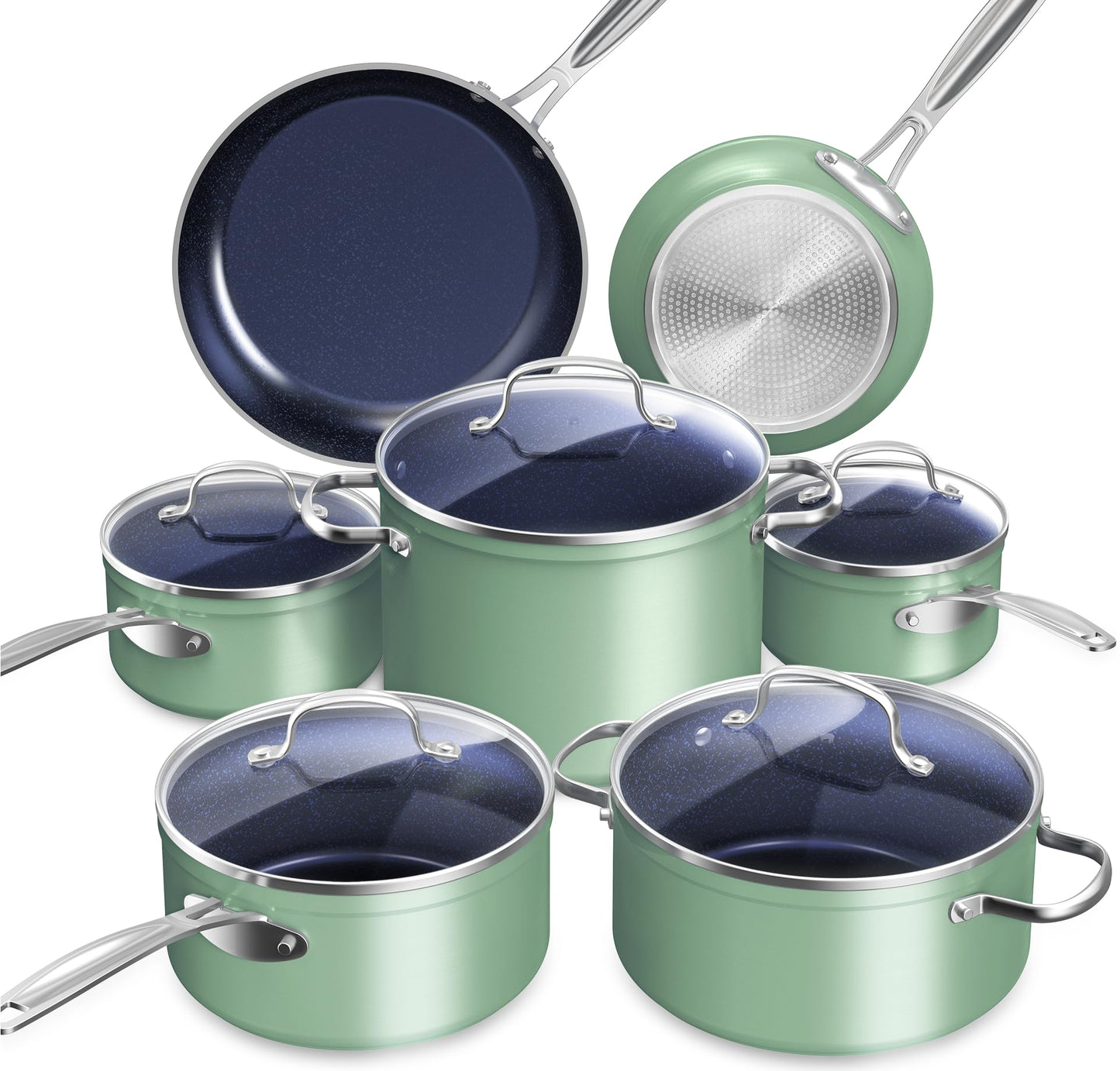 Nuwave Healthy Duralon Blue Ceramic Nonstick Cookware Set, Diamond Infused Scratch-Resistant, PFAS Free, Dishwasher & Oven Safe, Induction Ready & Evenly Heats,Tempered Glass Lids & Stay-Cool Handles