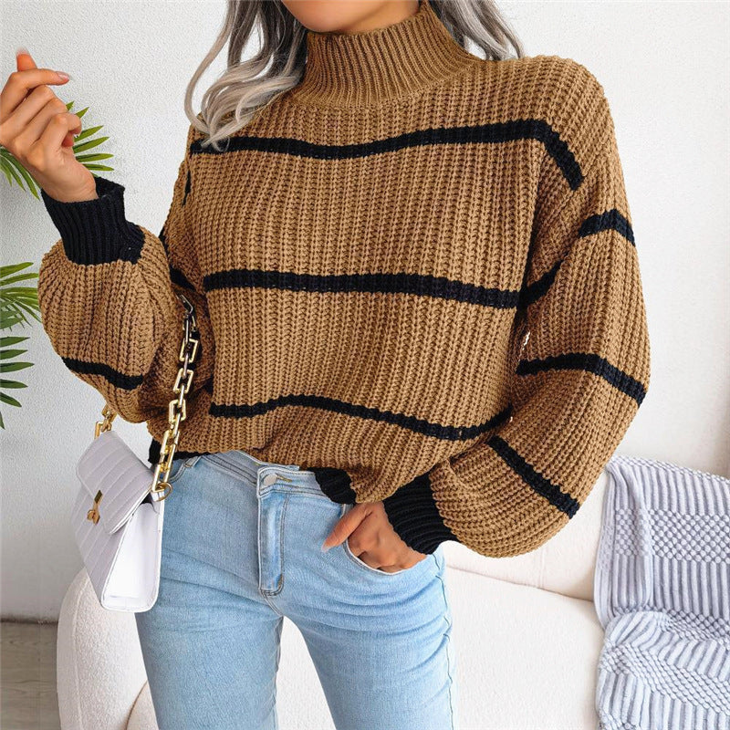 Knitted Sweater Half Turtleneck Pullover Sweater Women's Outer Wear Amazon Striped Contrast Color Fashion