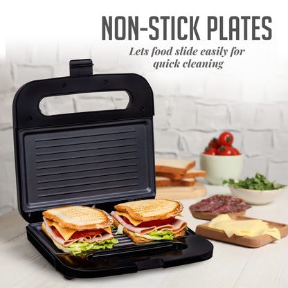 OVENTE Electric Sandwich Maker with Non-Stick Plates, Indicator Lights, Cool Touch Handle, Easy to Clean and Store, Perfect for Cooking Breakfast, Grilled Cheese, Tuna Melts and Snacks, Black GPS401B