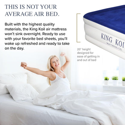 King Koil Plush Pillow Top King Air Mattress with Built-in High-Speed Pump Best for Home, Camping, Guests, 20" King Size Luxury Double Airbed Adjustable Blow Up Mattress, Waterproof, 1-Year Warranty.