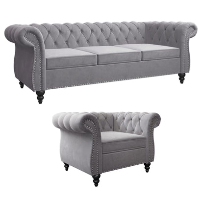 3 Piece Living Room Set, Chesterfield Velvet Sofa Loveseat Couch Chair with Scroll Arms and Nailhead for Living Room, Office (Grey, 1-2-3)