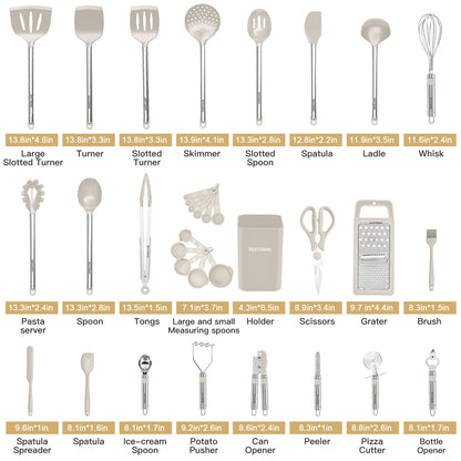 Kitchen Utensil Set-Silicone Cooking Utensils-33 Kitchen Gadgets & Spoons for Nonstick Cookware-Silicone and Stainless Steel Spatula Set-Best Kitchen Tools, Useful Pots and Pans Accessories