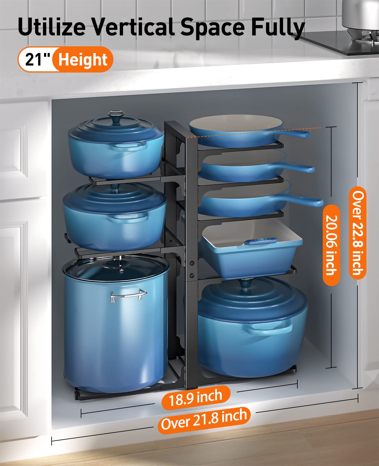 ORDORA Pots and Pans Organizer: Under Cabinet, Adjustable 8-Tier Pot Organizers inside Cabinet, Kitchen Organizers and Storage Fit 6-11 inch Lightweight Cookware