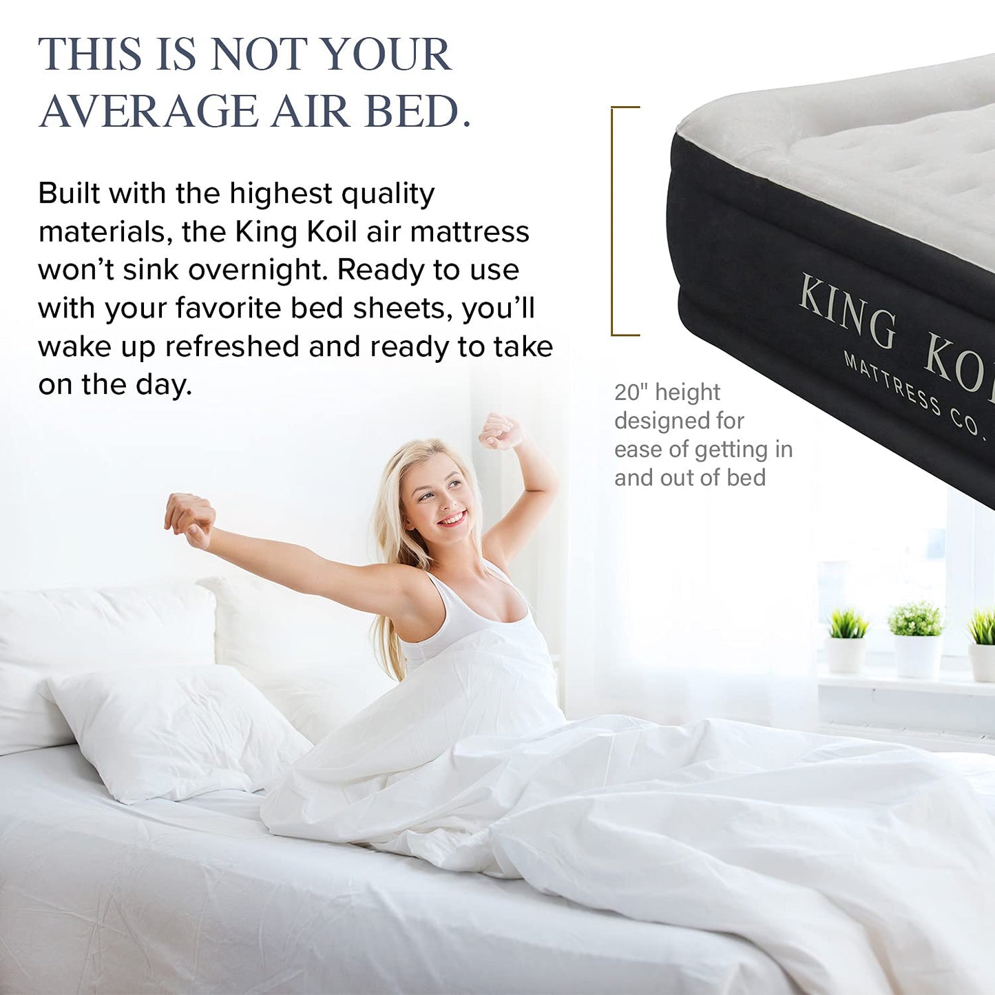 King Koil Plush Pillow Top King Air Mattress with Built-in High-Speed Pump Best for Home, Camping, Guests, 20" King Size Luxury Double Airbed Adjustable Blow Up Mattress, Waterproof, 1-Year Warranty.