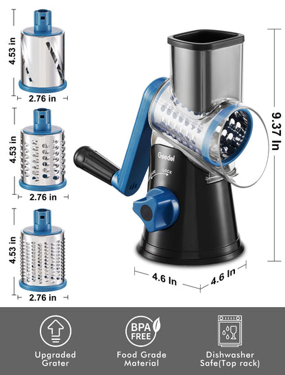 Geedel Rotary Cheese Grater, Kitchen Mandoline Vegetable Slicer with 3 Interchangeable Blades, Easy to Clean Grater for Fruit, Vegetables, Nuts