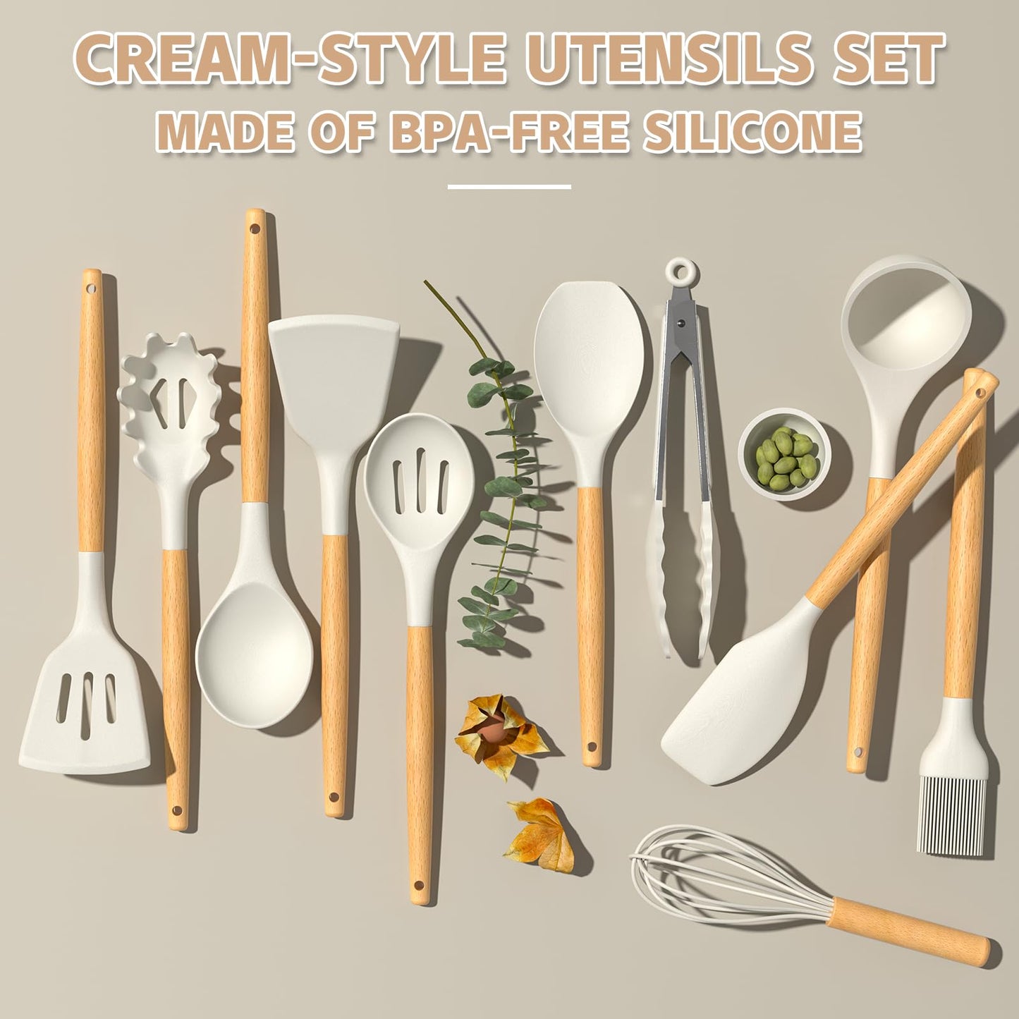 Umite Chef Kitchen Cooking Utensils Set, 33 pcs Non-Stick Silicone Cooking Kitchen Utensils Spatula Set with Holder, Wooden Handle Silicone Kitchen Gadgets Utensil Set (Khaki)