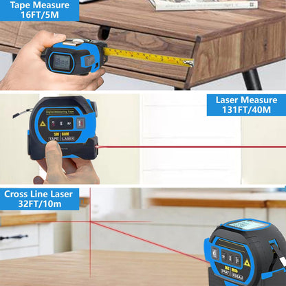 3-in-1 Digital Laser Tape Measure: 131Ft/40m Infrared Laser Measuring Tape with Digital Display, 16ft/5m Electronic Tape Measure Laser, Pythagorean, Area, Volume, Ft/Ft+in/in/M Unit (Yellow)