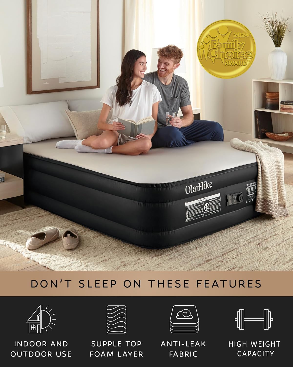 OlarHike Signature Collection Twin Air Mattress with Built in Pump,18” Luxury Air Mattress with Silk Foam Topper for Camping, Home & Guests, Fast & Easy Inflation/Deflation Airbed Black