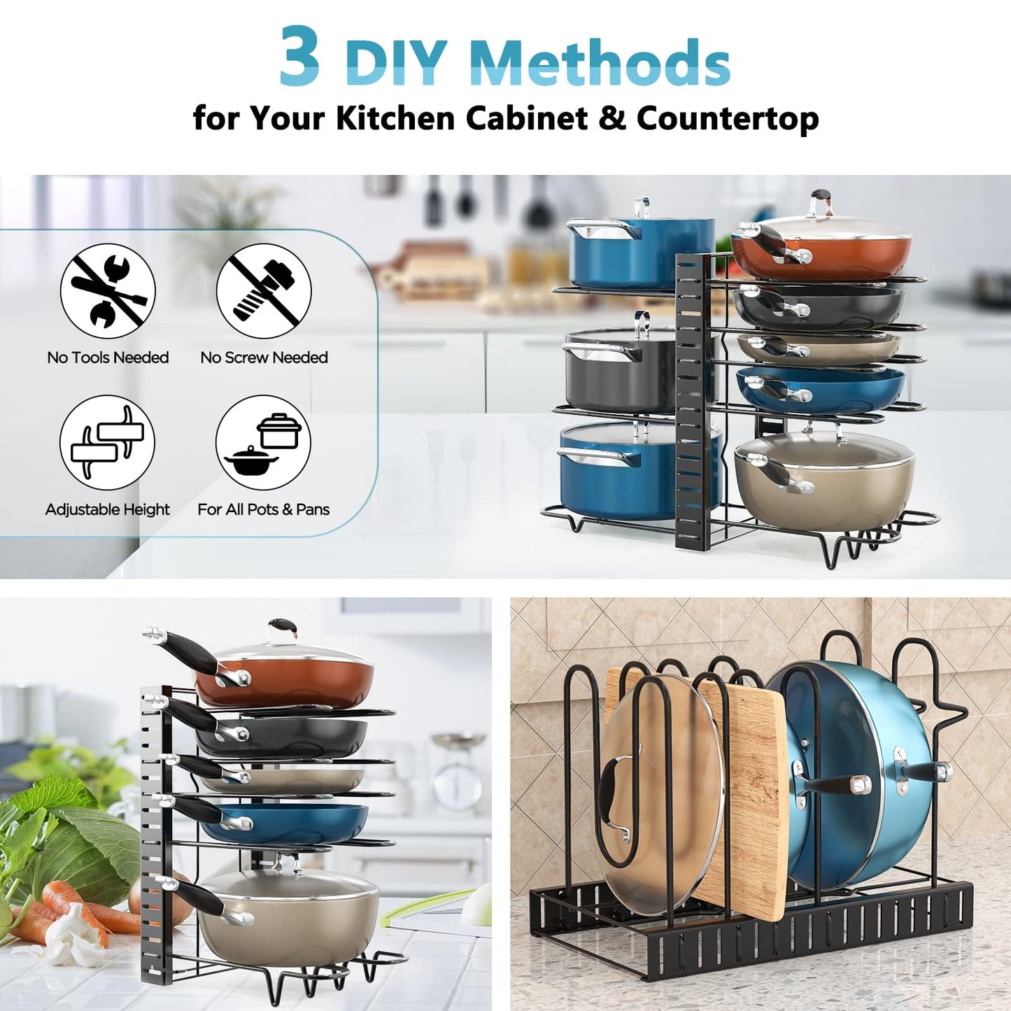 ORDORA Pots and Pans Organizer: Under Cabinet, Adjustable 8-Tier Pot Organizers inside Cabinet, Kitchen Organizers and Storage Fit 6-11 inch Lightweight Cookware