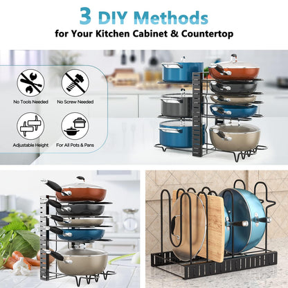 ORDORA Pots and Pans Organizer: Under Cabinet, Adjustable 8-Tier Pot Organizers inside Cabinet, Kitchen Organizers and Storage Fit 6-11 inch Lightweight Cookware