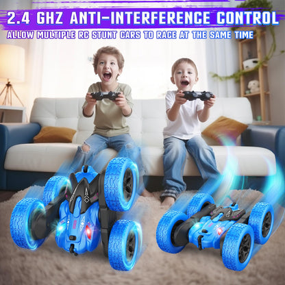 Remote Control Car, Rc Cars Stunt RC Car Toys New Upgraded Strip Lights and Headlights Car Toys Double-Sided 360° Rotating 4WD Rc Drift Truck for Boys Girls Birthday Gift (Blue)