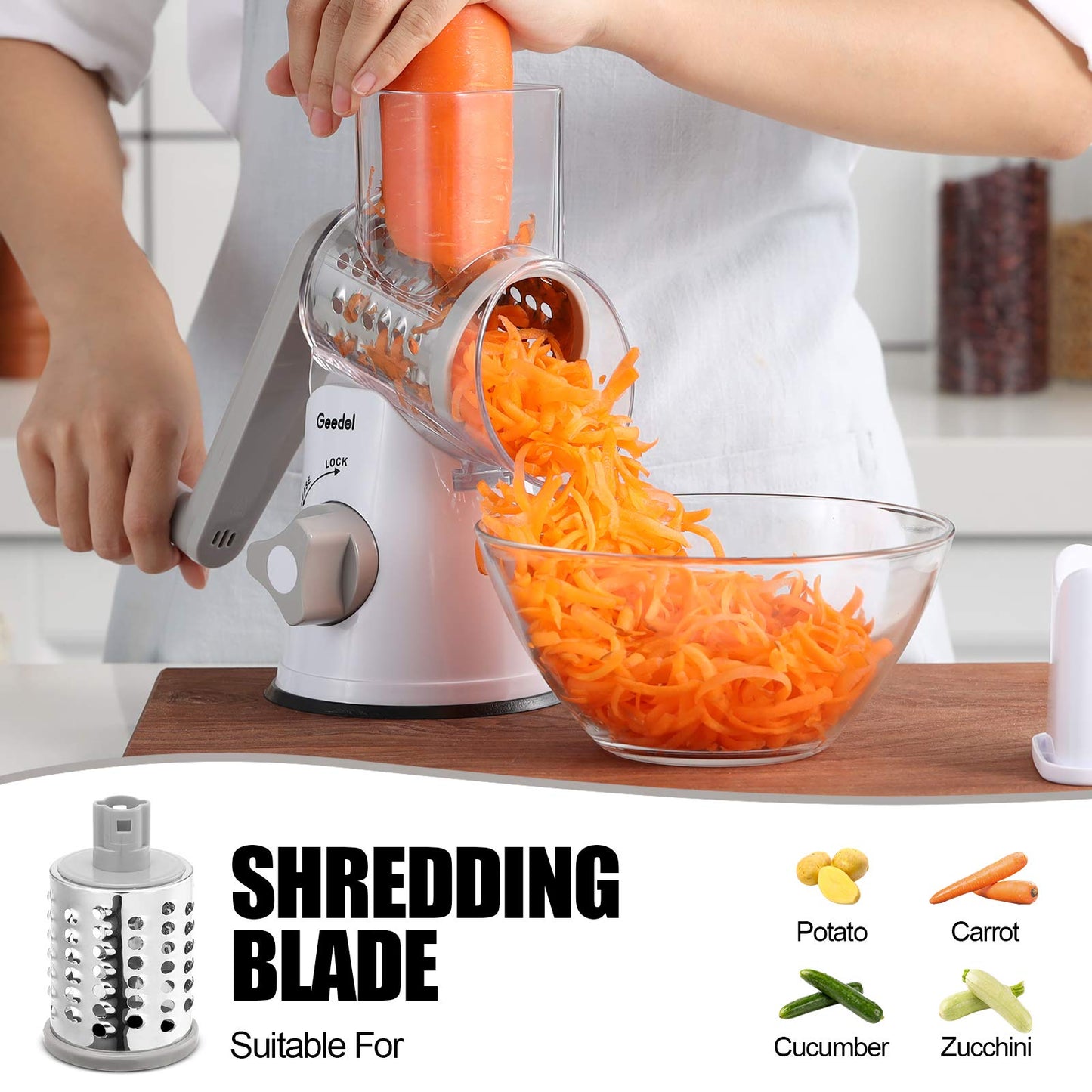 Geedel Rotary Cheese Grater, Kitchen Mandoline Vegetable Slicer with 3 Interchangeable Blades, Easy to Clean Grater for Fruit, Vegetables, Nuts