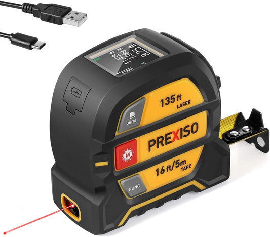 PREXISO 2-in-1 Laser Tape Measure - NOT DIGITAL TAPE - 135Ft Rechargeable Laser Measurement Tool & 16Ft Measuring Tape Movable Magnetic Hook - Pythagorean, Area, Volume, Ft/Ft+in/in/M Unit-NOT Digital