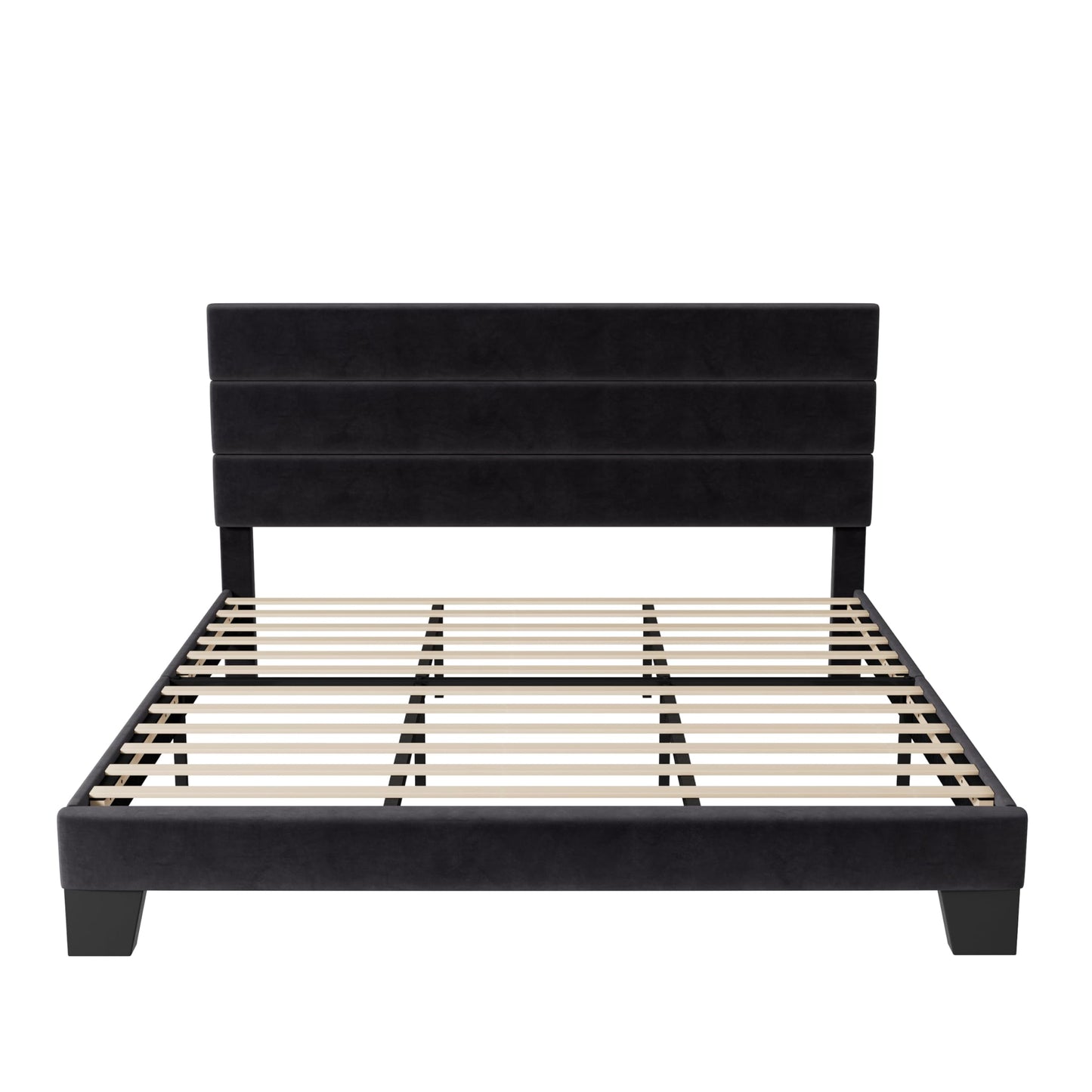 Allewie Queen Size Platform Bed Frame with Velvet Upholstered Headboard and Wooden Slats Support, Fully Upholstered Mattress Foundation/No Box Spring Needed/Easy Assembly, Black