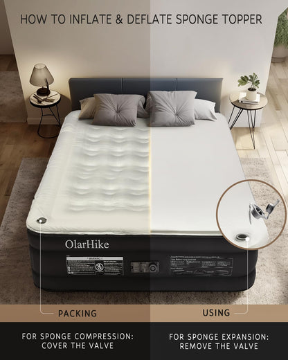 OlarHike Signature Collection Twin Air Mattress with Built in Pump,18” Luxury Air Mattress with Silk Foam Topper for Camping, Home & Guests, Fast & Easy Inflation/Deflation Airbed Black